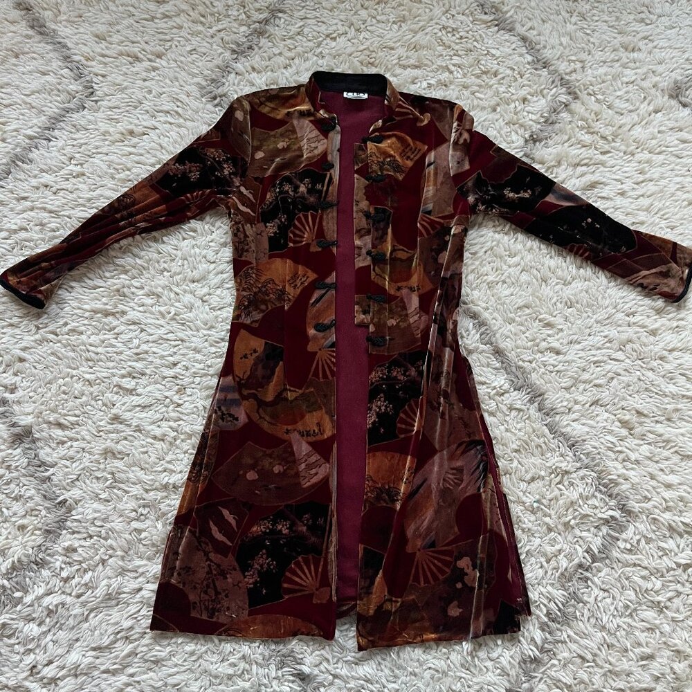 90s beautiful velvet duster with asian fan pattern - Petite Medium CLEO